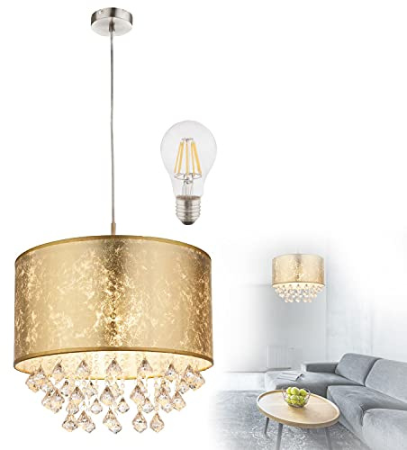 bmf-versand Hängelampe Esstisch Modern mit LED - Hängeleuchte Vintage Wohnzimmer - Pendelleuchte 1 Flammig E27 - Pendellampe Gold Metallic Stoff - Kristall Diamant Design 40 cm
