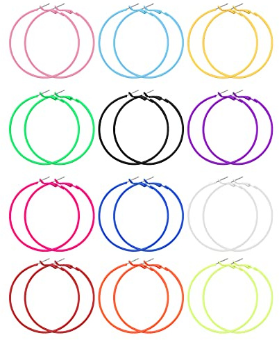 12 Paires Boucles D'Oreilles Créoles Fluo Néon pour Femmes Vintage Grandes Lumineuses Légères Classiques pour Fête des Années 80, Déguisement