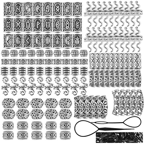 BEEFLYING 326 Stück Wikinger-Bartperlen, tibetischer Stil, Legierung, nordische Haarröhre, lose Perlen, antikes Silber, Haarspulenmanschetten für DIY-Schmuckherstellung, Haardekoration