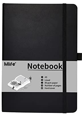 Mlife A5 Journal Notizbuch, 192 Seiten, Hardcover mit elastischem Verschlussband und Falttasche (Schwarz)