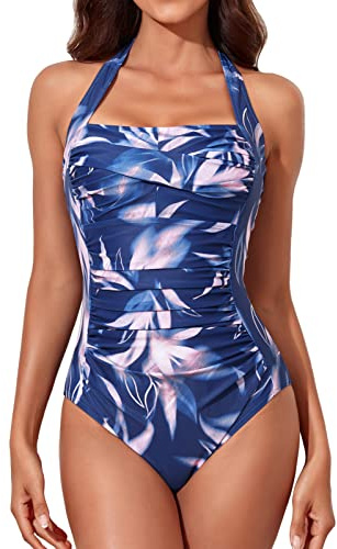 Smismivo Costume da Bagno Intero con Controllo della Pancia Push Up Halter Imbottito Elegante Curvy Beachwear per Donna