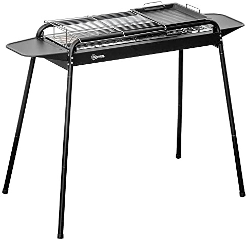 Outsunny Barbecue a Carbonella con Griglia e Piastra, BBQ Portatile in Acciaio con Ripiani Laterali, 113x59x83.5cm, Nero