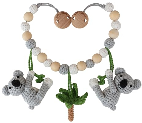 Sindibaba – Multifunktionale Kinderwagenkette Koala Coco (50cm, gehäkelt, mit Rasseln) Bio – Nachhaltiges Babyspielzeug mit weichen Häkel-Stofftieren zum Aufhängen am Kinderwagen und Bettchen
