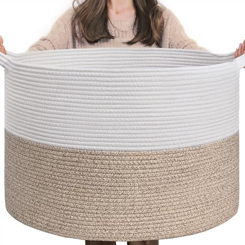 TIMEYARD Panier de rangement tressé pour chambre d'enfant, panier à linge pour enfants, grand panier de sapin de Noël, panier pour couvertures, jouets de bébé, 55 x 35 cm, marron