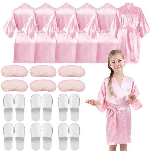 LYCN Bata tipo kimono de satén para niñas, conjunto de bata de fiesta de spa con 6 antifaz de seda y 6 pares de pantuflas, batas de baño de escuadrón de cumpleaños para niñas de flores, ropa de dormir