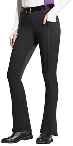 FitsT4 Sports Damen Reithose Bootcut Reitleggings Silikon Vollbesatz Schlaghose Reithose mit Handytasche und Gürtelschlaufen für Reitsport Pferdetraining Reitturnier,Schwarz,XL