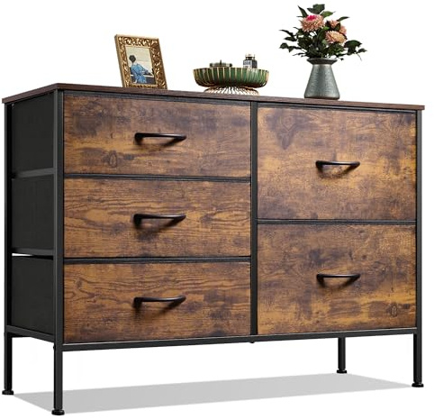 WLIVE Kommode mit 5 Schubladen aus Stoff, Kommodenschrank für Schlafzimmer, Kommode Wohnzimmer, mit Stabiler Stahlrahmen und Holzplatte, Vintagebraun