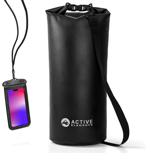 Active Elements Waterproof 20L Drybag: Wasserfester Beutel mit Schultergurt Ideal für SUP, Wandern, Camping, Strand, Angeln, Bootfahren, Rafting, Kajakfahren (Schwarz, 20 Liter)