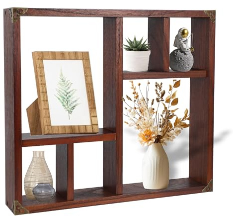 MITREL 17.7x15.7-Inch Shadow Box Display Shelf，6-Slot Rustic Floating Shelves，Larger Wood Trinket Shelf Freestanding Farmhouse Curio Shelf(6C-Rustic Walnut)