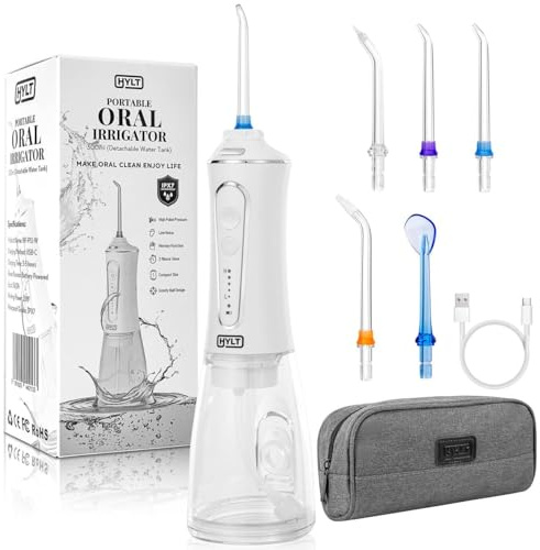 HYLT Cordless Water Flosser for Teeth with Carry Bag – Rechargeable 300ML Oral Irrigator, 5 Modes & 5 Jet Tips for Teeth, Braces & Gum Care – Perfect for Home & Travel Use (White)