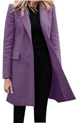 Blazer Giacca da donna elegante – cappotto di lana da donna invernale lungo | Lungo blazer, taglie grandi, elegante risvolto, cappotto invernale in cotone, con tasche, giacca a vento, Lilla, L