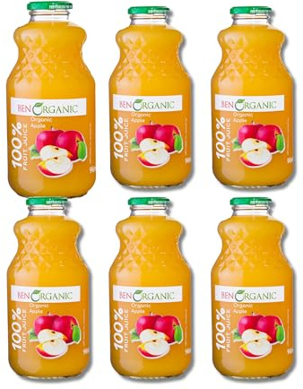 BenOrganic - Organic Apple Juice – Glass Bottles (6 x 946ml), 100% Natural Fruit Juice Drink, No Sugar, No Additives, Not from Concentrate