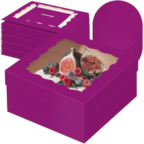 Gcardist 12x12x6 Inch Cake Box, 5 Sets Deep Purple Cake Box with Window & 5 Sets 12 Inch Deep Purple Cake Round Boards, Cake Containers(30.5x30.5x15.2cm)