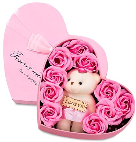 VorIrydian Boîte Cadeau à Roses artificielles, Ours en Peluche avec Rose, Savon, Fleur de Roses, boîte Cadeau Romantique pour la fête des mères, la Saint-Valentin, Un Mariage, Rose