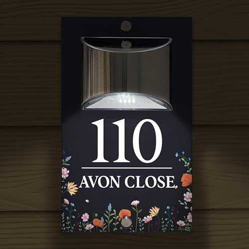 Plaque Numéro Maison Solaire LED Personnalisée, Plaque Adresse Extérieure Étanche Impression UV, Numéro Maison Lumineux avec Installation Vis ou Adhésif pour Mur Porte Jardin (Style 5)