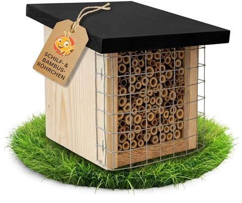 Beesi Hotel para insectos con rejilla y techo multiplex, resistente a la intemperie, cañas naturales y tubos de bambú (4-8 mm)