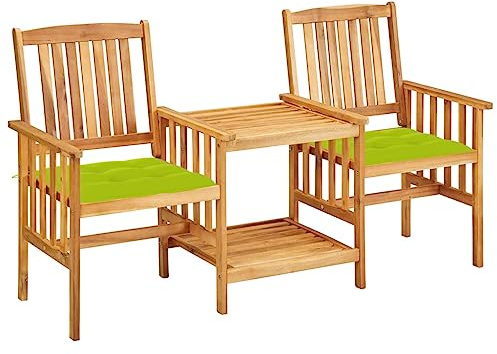 HGBNMER Set da bistrò rustico in legno di acacia massiccio con finitura a olio, include tavolo e due sedie con cuscini, per giardino o terrazza