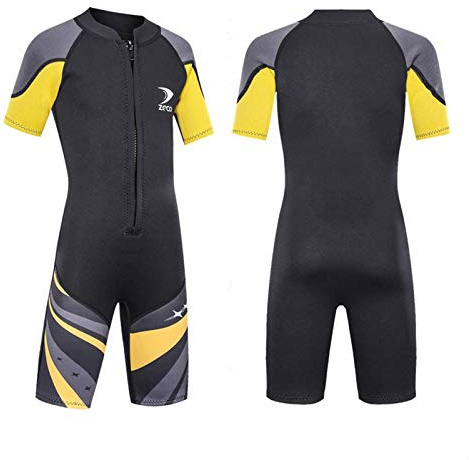 ZCCO Kids Shorty Wetsuit 2.5mm Neoprene Suit, Short Sleeve One Piece Youth Boy/Girl Suit for Swimming, Surfing, Diving Water Sports(DK-BK-L)