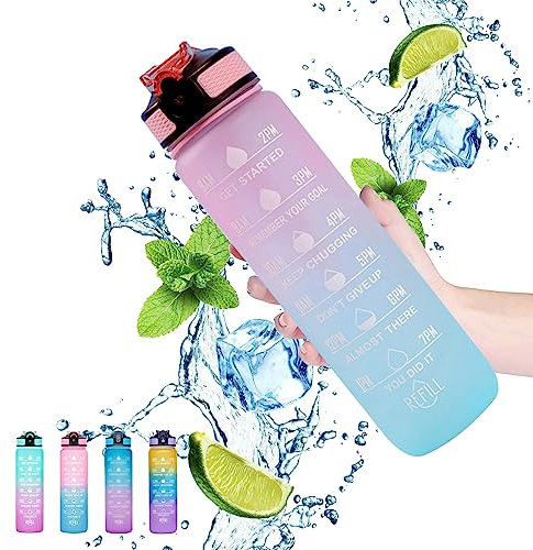 Gaiayhc Bouteille d'eau de sport de 1 litre, bouteille d'eau motivante avec marqueur de temps et paille, bouteille anti-fuite, bouteille d'eau avec marquages de temps et filtre, le camping