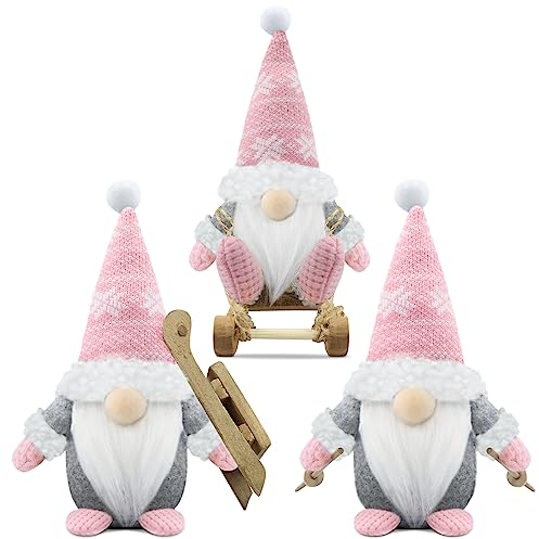 Gehydy Set of 3 Christmas Gonk Decorations Handmade Sled Gnome Plush Stuffed Xmas Decor for Home Kitchen Farmhouse - Pink