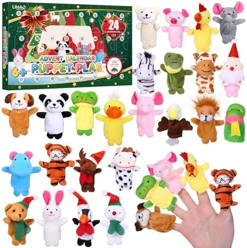 LIHAO Calendrier de L'avent de Noël 2025 avec Manchettes en Peluche Miniature Animale pour Les Doigts, Compte à Rebours de 24 Jours Calendrier de l'Avent a Remplir, Noel Jouets/Cadeaux pour Enfants