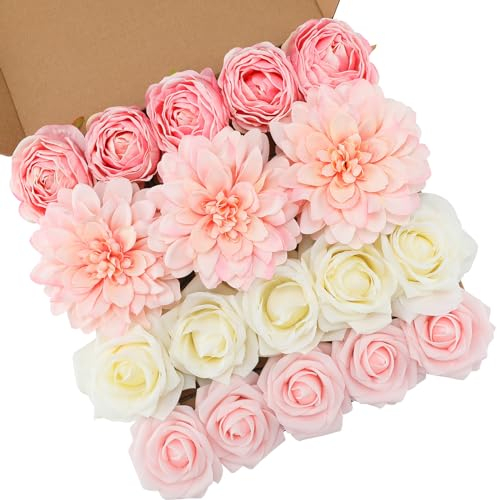 Floweroyal Rosa künstliche Blumen, künstliche Rosen, Dahlie mit Stielen für DIY Hochzeit Brautsträuße, Babyparty, Blumenarrangement, Tischdekoration, Heimdekorationen