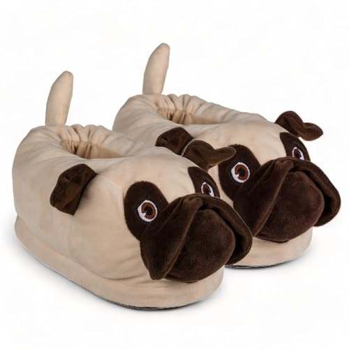 MIJOMA Plush Slippers, Super Comfortable, Non-Slip, Cuddly Made from 100% Soft Velour Plush, Pug, 12/13 UK Child