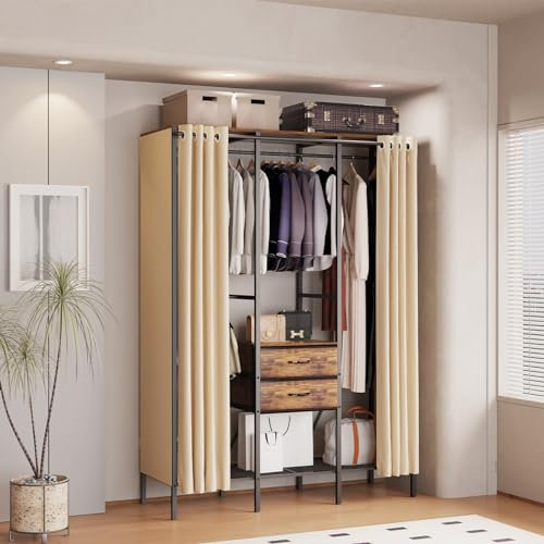 unho offener Kleiderschrank GROß 150 x 50 x 214 cm, Kleiderständer Garderobenständer mit Vorhange/Schubladen, Garderobe mit Kleiderstange, Ablagen, platzsparend, Industrial Design