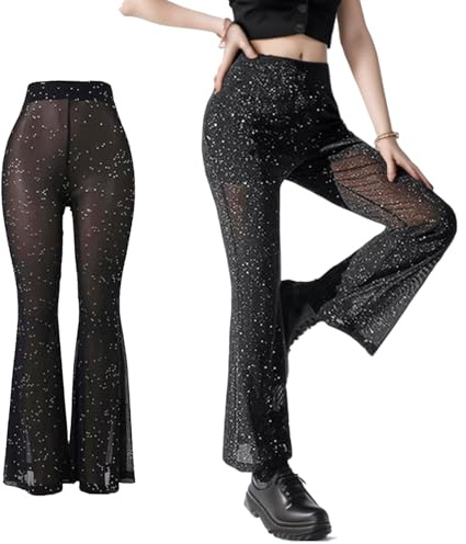 XDGBGFN Dam svart transparent utsvängda byxor hög midja glitter yogabyxor långa byxor elastiska utsvängda byxor