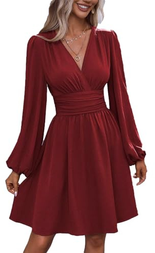 UUAISSO Robe Décontractée Femmes à Manches Longues Taille Haute Ligne A Robe Portefeuille à Col en V Robe Mi Longue Rouge vin M