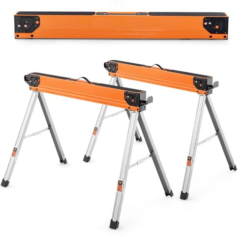 HOMFME Folding Sawhorses, 1000KG Capacity Twin Pack Workbench with Support Arms, Portable Lightweight Metal Work Trestle Stands for Garage Workshop (Orange + Black，106 x 59 x 76 cm)