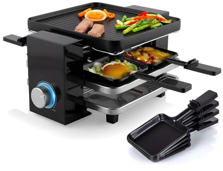 Avilia - Griglia Elettrica Multifunzione 4in1 da 700W con Termostato Regolabile per Carne, Verdure e Formaggi, Raclette da Tavolo con Piastre Antiaderenti e Ponte Parcheggio Compatto