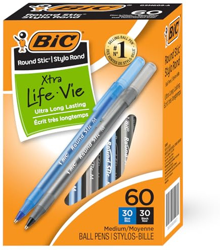 BIC Round Stic Xtra Life Ballpoint Pens, 1mm, Black & Blue, Pack of 60