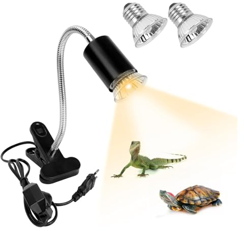 MINISOISO Lámpara para Tortuga, Temperatura Ajustable Lámpara de Reptiles y Anfibios, Lampara de Calor Tortugas de 360° Rotación, con 2 Bombillas (Lampara 50W UVA/UVB) y Termómetro, Negro