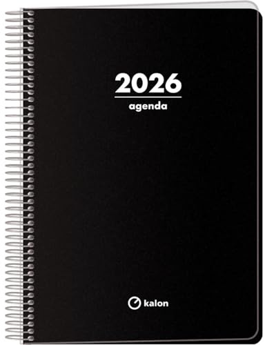 Q Kalon - Agenda 2026 - Veckoöversikt Vertikal, Storlek A5 (15x21 cm), Årsplanerare Flera Språk (ENG, FRA, TYS och SPA), Ringpärm, Omslag av Kartong och Skyddande Plast - Planner