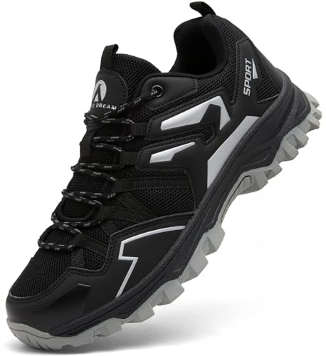 Mufanton Hiking Boots Mens Walking Boots Non-Slip Outdoor Mountain Trekking Shoes Lightweight Travelling Backpacking Camping Footwear Sneaker,Black Silver,EU44