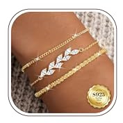 CASSIECA 3 stycken damarmband 925 silver armband set 14K guldpläterat armband dam zirkon blad armband silver justerbar stapelbar present födelsedag smycken