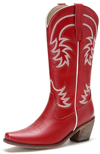 COOLCEPT Red Cowgirl Boots for Women Mid Calf Western Cowboy Boots Embroidered Pointed Toe Chunky Heel Country Boots