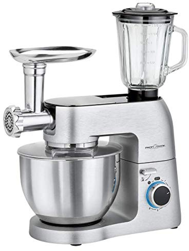 ProfiCook Knetmaschine | Universalküchenmaschine | 3in1 | 8 Geschwindigkeitsstufen | 1500 Watt | 6,7 Liter Edelstahlschüsse | Glas Mixer 1,5 Liter | Fleischwolf | Beleuchteter Drehregler | PC-KM 1189