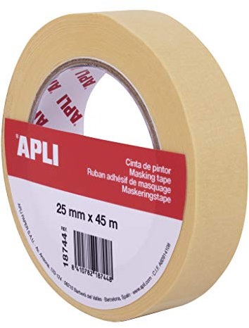 Apli 18744 - Rouleau de ruban de masquage pour peintre ou carrossier 25 mm x 45 m. Papier de 57 g/m². Résistant jusqu'à 60 °C.