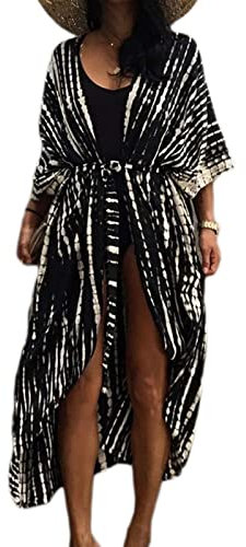 Long Beach Kleid für Frauen, Damen Lose Sommer Pareos, Maxi Strandkleid Boho Kimono Lang Strand Cardigan Beachwear, Front Offen Blumen Bluse Bikini Cover-Up Einheitsgröße (Schwarz)