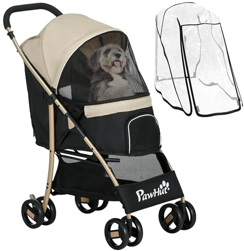 PawHut Dog Stroller with Rain Cover, Foldable Dog Pram, 4 Wheels Pet Pushchair with Safety Leashes, for Small, Miniature Dogs, Cats - Khaki