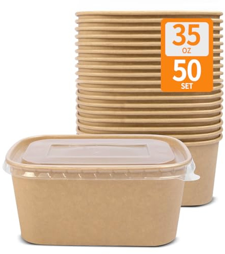 Celel 50 Pack 35 oz Paper Food Containers with Lids, Paper Meal Prep Containers Microwavable and Freezer Use Cardboard Food Concertinas - 50 Bowls 50 Lids