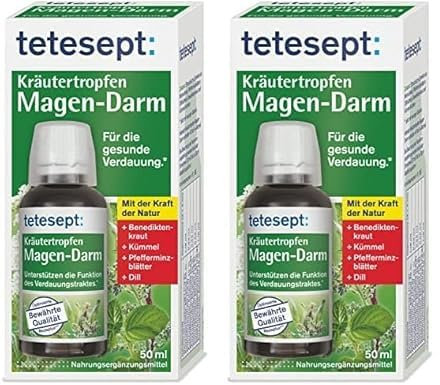 tetesept Kräutertropfen Magen-Darm – für die gesunde Verdauung* – Natürlich wirksam mit Benediktenkraut, Kümmel, Pfefferminzblättern und Dill – 2 x 50 ml
