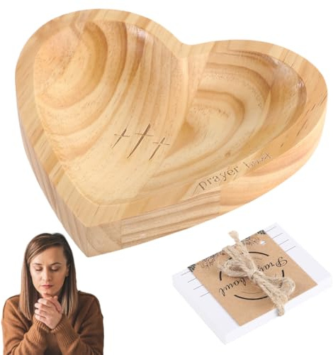 Homaisson Heart Prayer Bowl with Cards, Wooden Religious Bowls with Three Cross Engravings, Portable Dough Bowls, Decor Bowl for Meditation and Travel, Christian Congregation Present