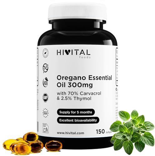 Olio di Origano 300 mg. 150 capsule per 5 mesi di trattamento. Con Olio Extravergine di Oliva 70% di Carvacrolo e 2,5% di Timolo per capsula. 100% naturale, senza glutine, non OGM. Prodotto da Hivital