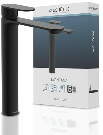 SCHÜTTE Waschtischarmatur MONTANA 32326, Wasserhahn Bad mit hohem Auslauf, Armatur Badezimmer, Einhebelmischer Badezimmer für Aufsatzwaschbecken, Mischbatterie Waschbecken, Schwarz