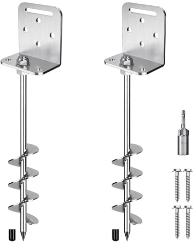 Insaga 18'' Ground Anchors Screw in 10mm Solid Steel with L Bracket, for Trampoline Mobile Home Swing Set Shed Carport Tent Stakes Earth Anchor Tree, 2 Helix Blade & Chrome Plated Finish, 2Pcs