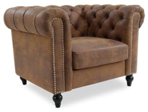 Lovesofas Brown Chesterfield Faux Leather Armchair – Classic Chesterfield Chair with Deep Button Detailing, Studded Arms & Black Wooden Legs, Durable Faux Leather Armchair for Living Room or Lounge