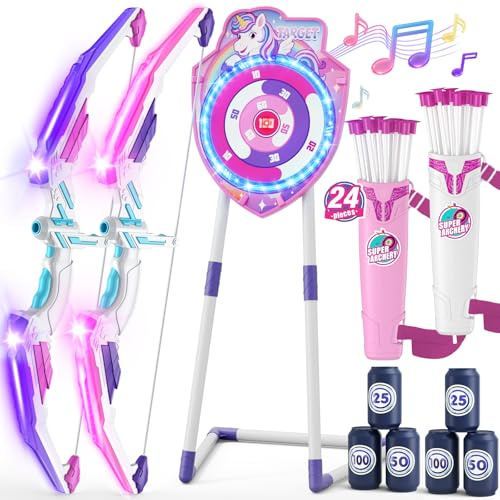 HYES 2 Pack Arco y Flecha para Niños, LED Unicornio Tiro con Arco con Flechas de Ventosa, Objetivo de Resplandor, Objetivos de Puntuación, Regalos Juguetes para Niños Niñas Interior y Exterior